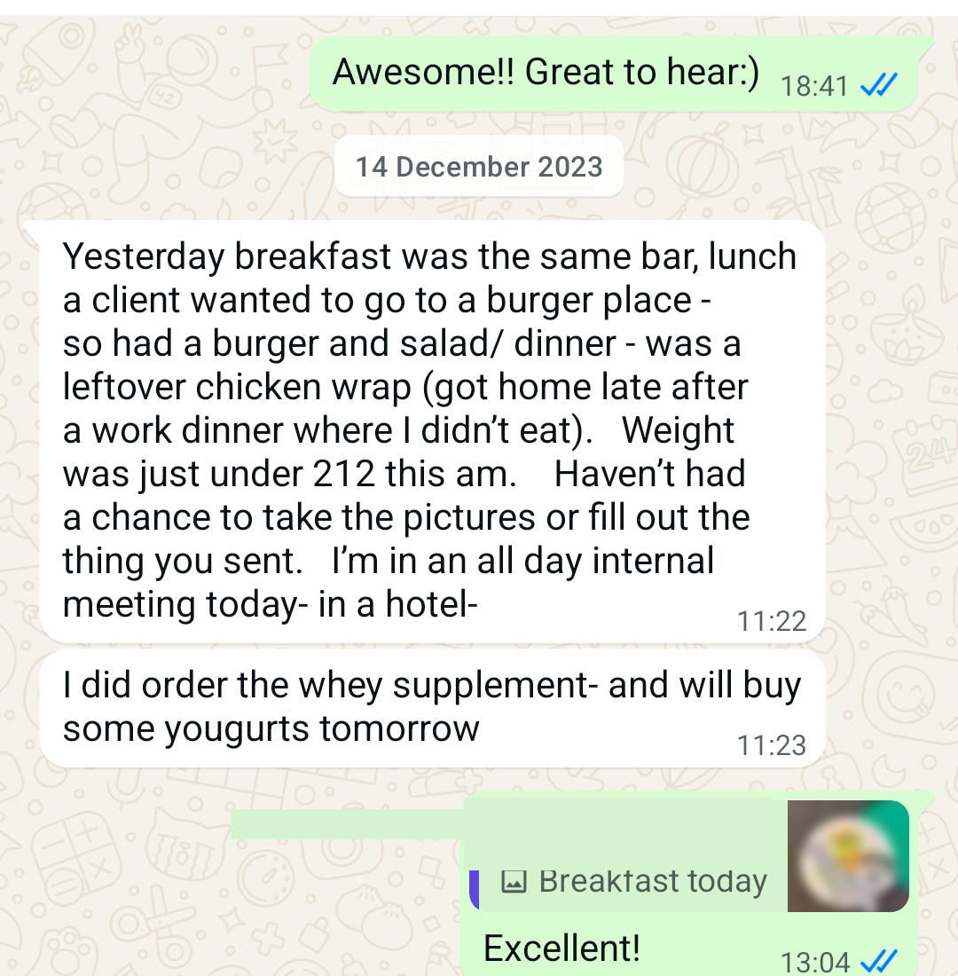 WhatsApp check-in showing a weigh-in just under 212lbs during a busy work week