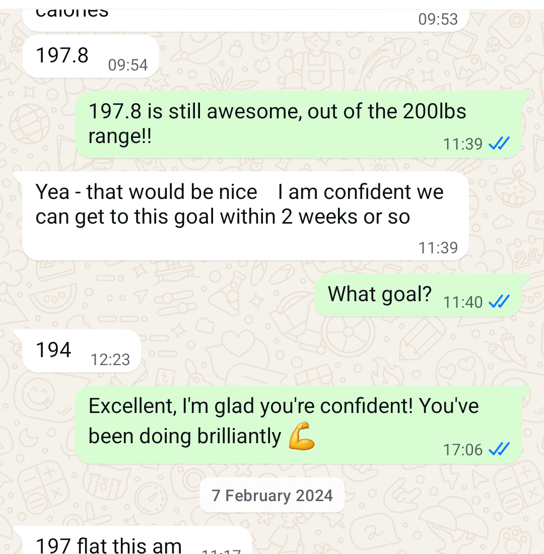 WhatsApp check-ins showing weight dropping through 197 to 194lbs