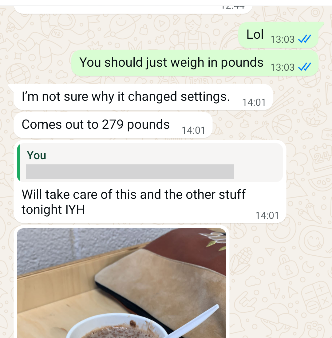 WhatsApp check-in reporting a starting weight of 279 pounds