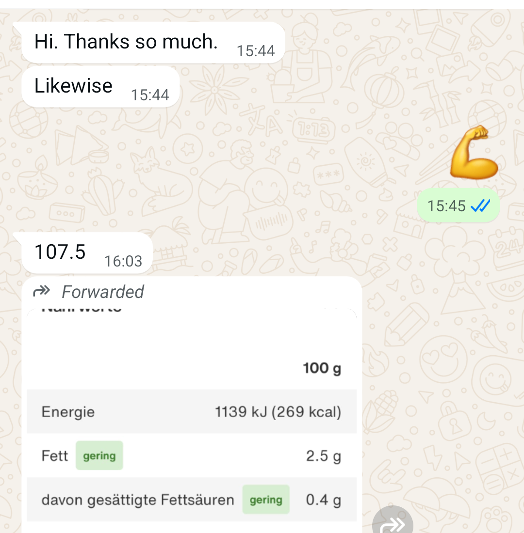 WhatsApp check-in showing a starting weight of 107.5kg