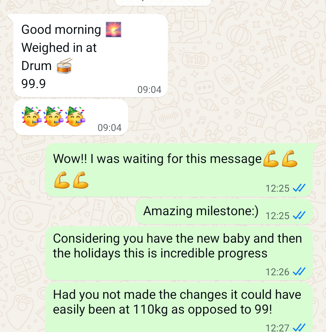 WhatsApp check-in celebrating reaching 99.9kg