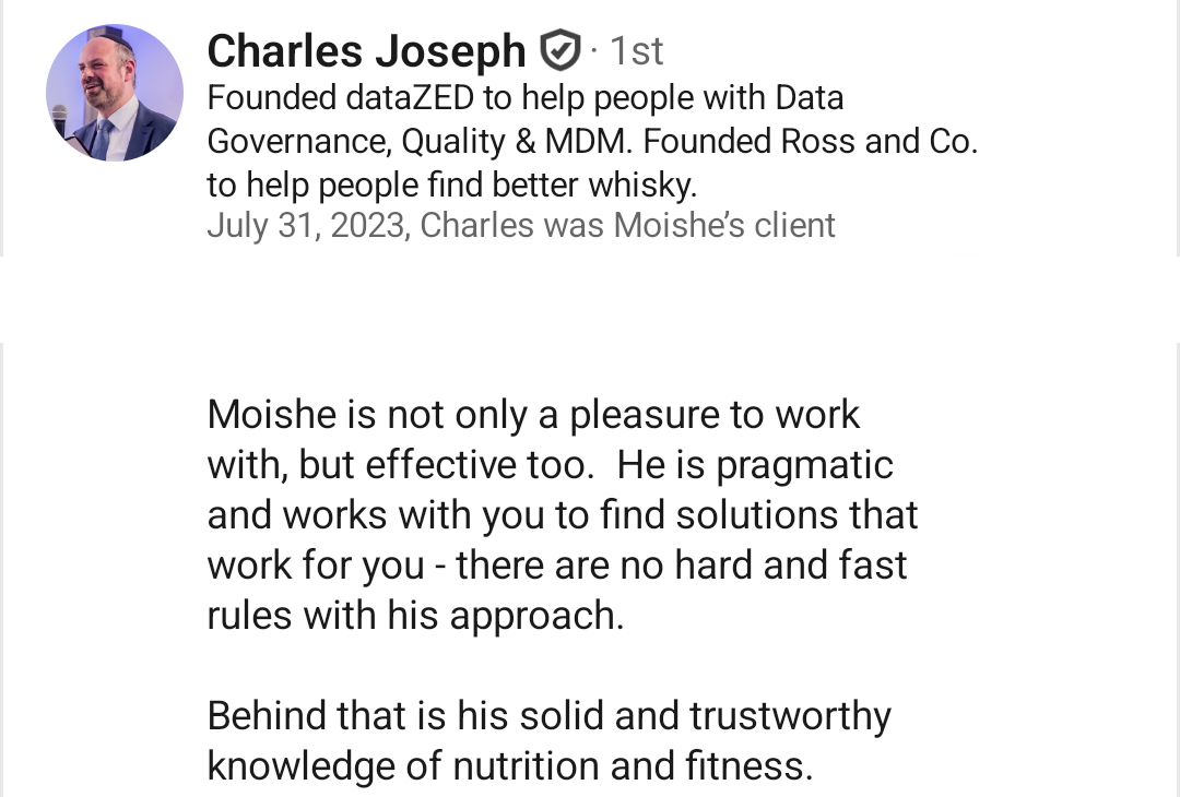 LinkedIn recommendation from Charles Joseph: pragmatic, effective, trustworthy knowledge of nutrition and fitness