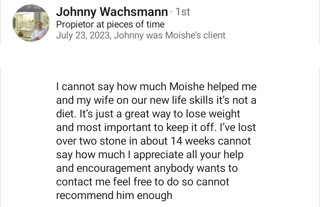 LinkedIn recommendation from Johnny Wachsmann: lost over two stone in about 14 weeks